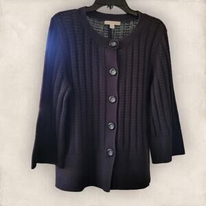 JM Collection Black Cable Knitted Button-Down Sweater Large Petite